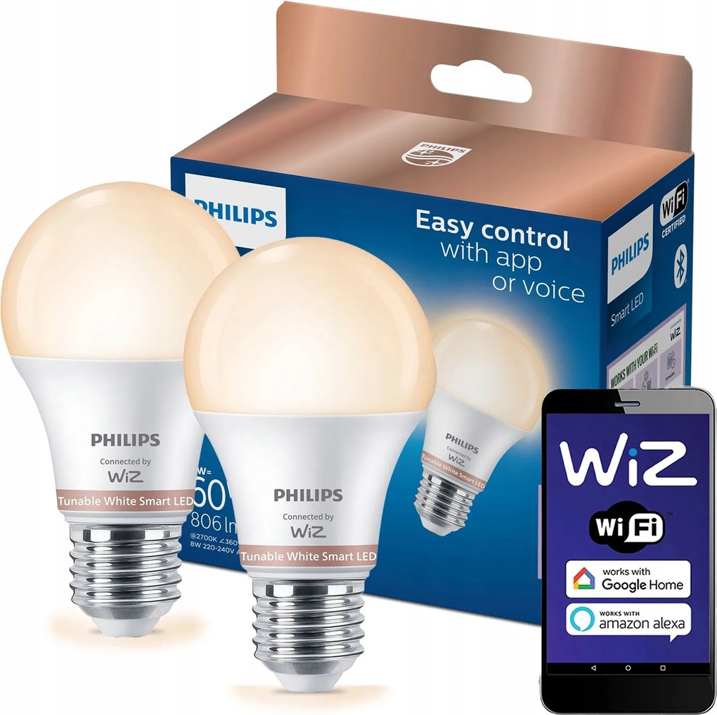 2x Led izzó E27 A60 8W 60W 806lm 2700-6500K Smart WiFi Philips WiZ