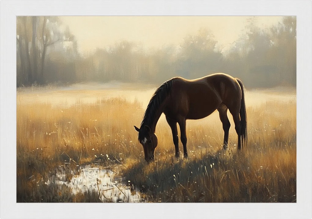 Poszter Keret Fa Tájkép Szabadtéri Rét Ló Gesztenye Reggel Köd 60x40