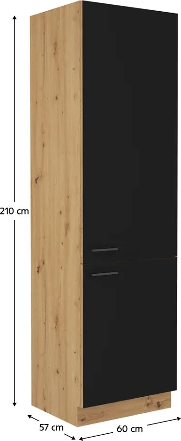 Szekrény beépített hűtőre, matt fekete/artisan tölgy, MONRO 60 LO-210 2F