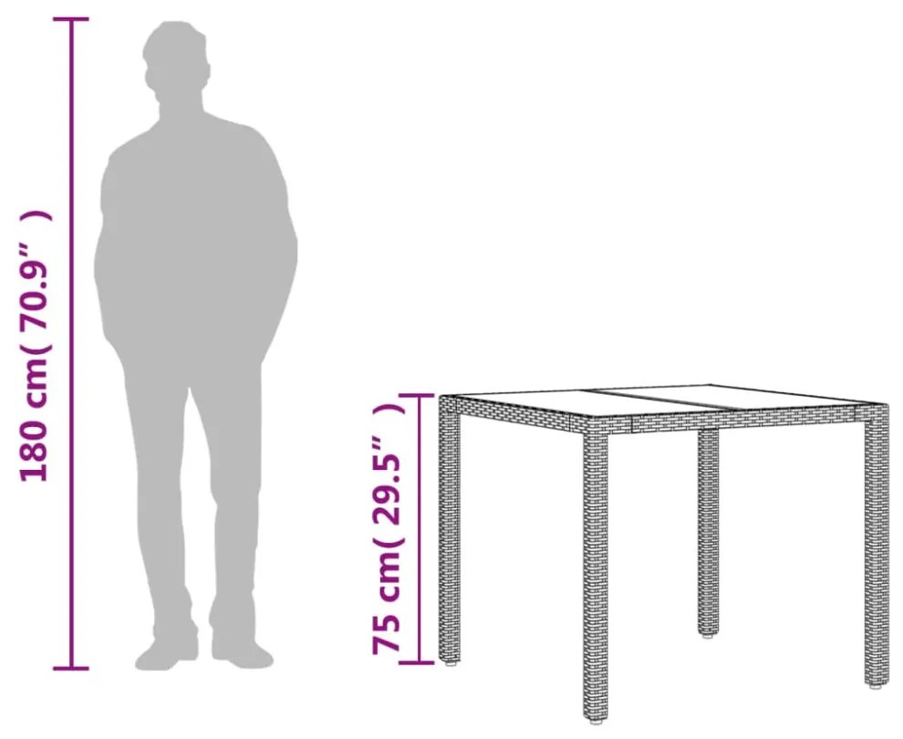 barna polyrattan üveglapos kerti asztal 90 x 90 x 75 cm