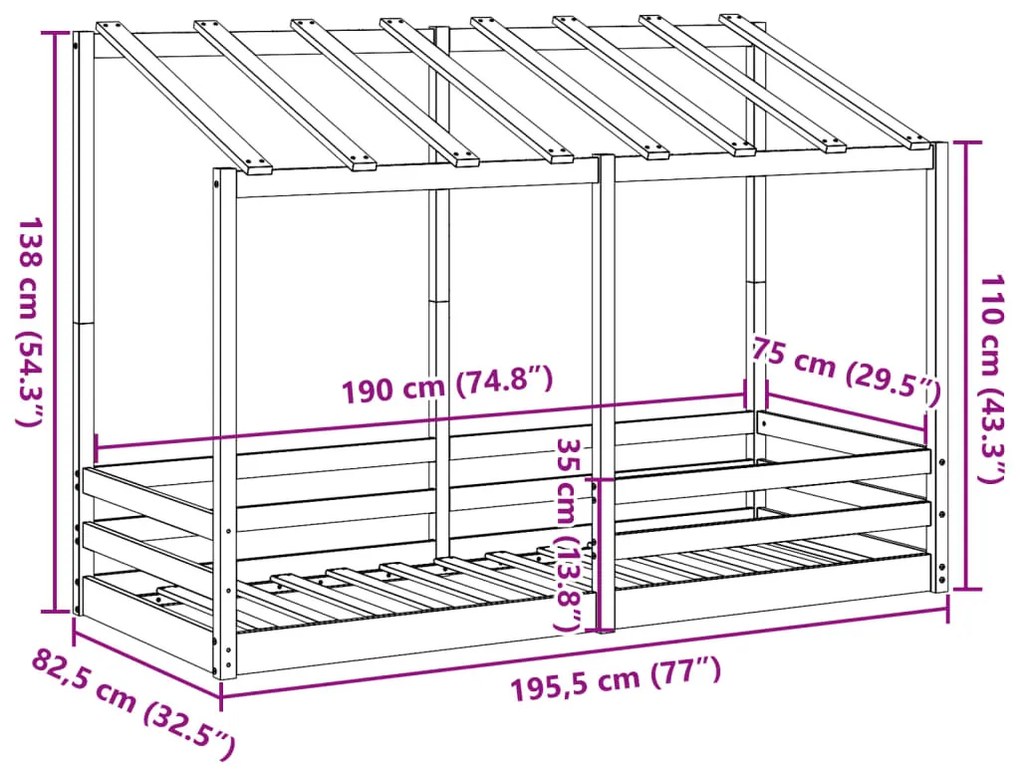 fehér tömör fenyőfa gyerekágy tetővel 75 x 190 cm