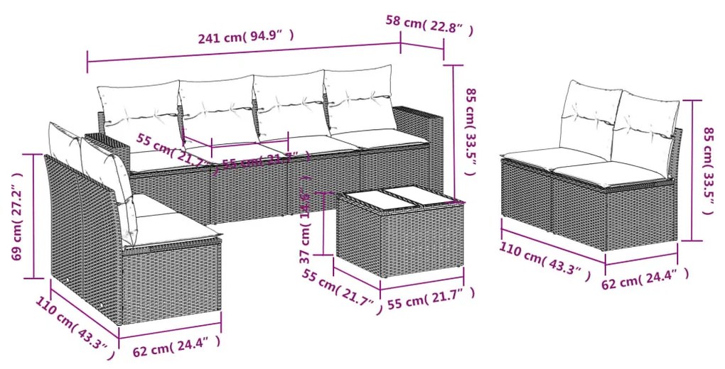 9 részes világosszürke polyrattan kerti ülőgarnitúra párnával