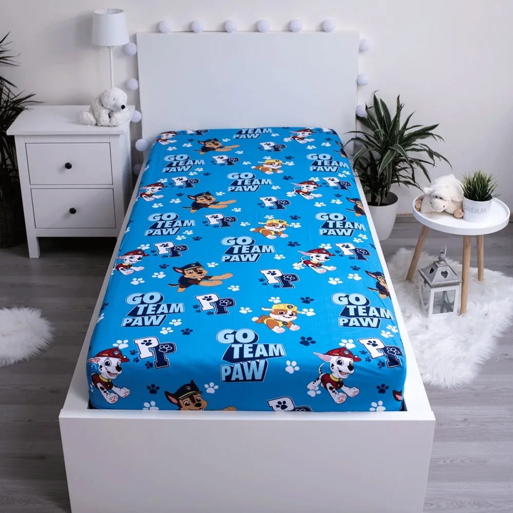 Kék gumis pamut gyerek lepedő 90x200 cm Paw Patrol – Jerry Fabrics