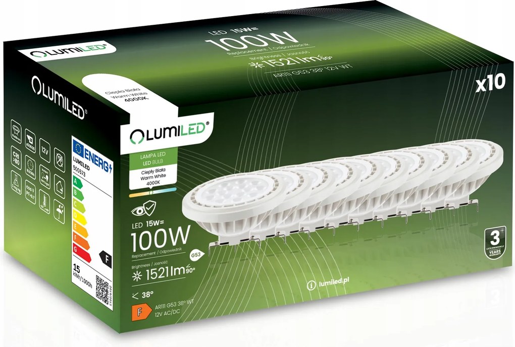 10x Led izzó G53 AR111 15W 100W 1521lm 4000K Semleges 38° 12V Lumiled