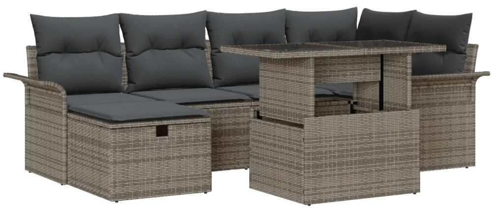 7 részes kertibútor szett párnákkal Szürke Poli Rattan, 2 üléses kertibútor tárolóval és párnákkal Szürke Poli Rattan