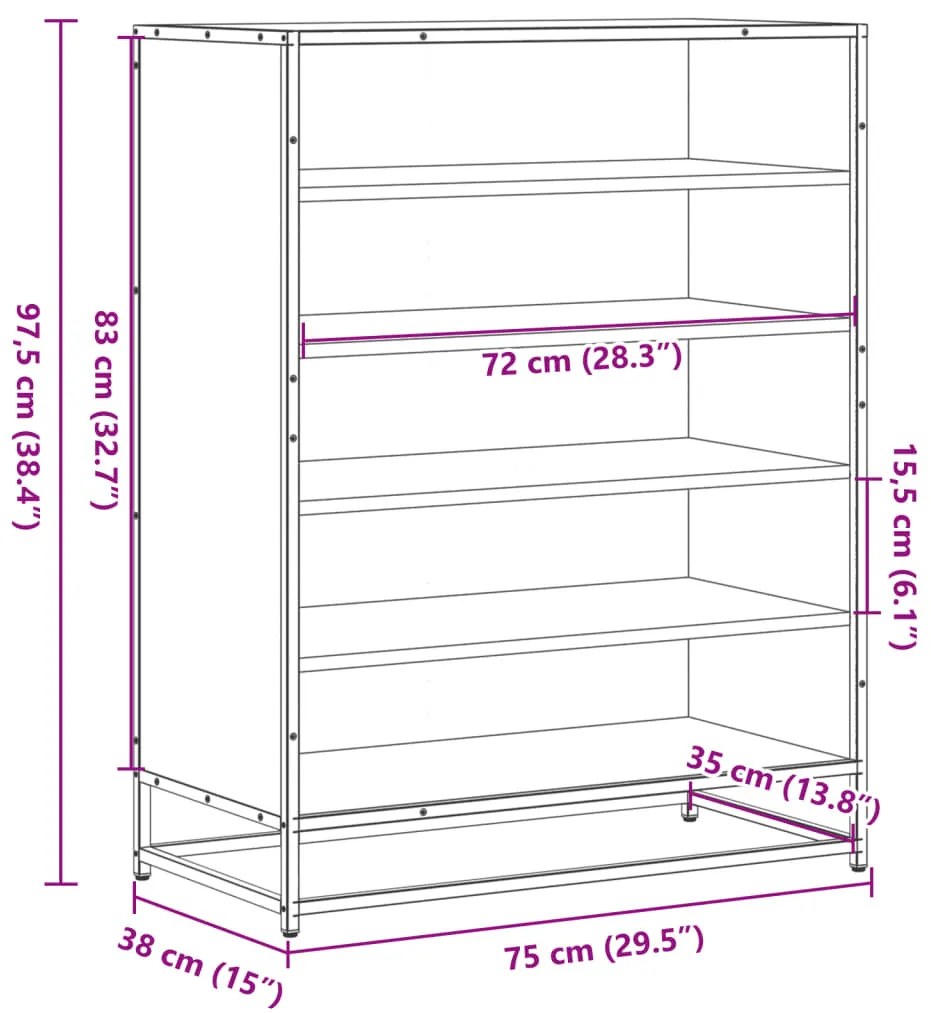 szürke sonoma szerelt fa és fém cipőszekrény 75 x 38 x 97,5 cm