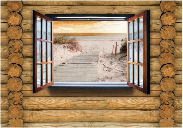3D fotótapéta ablak deszka utánzat strand 416x254