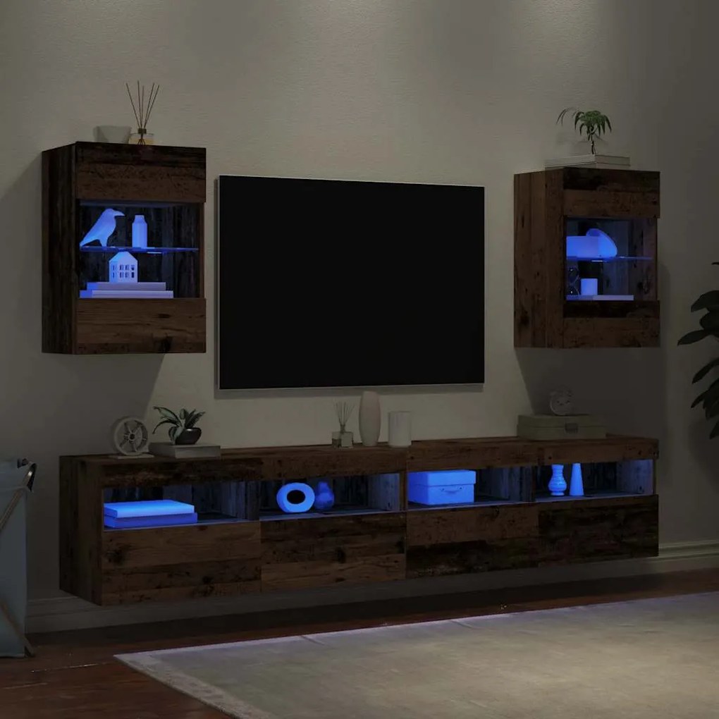 2 db antik fa fali TV-szekrény LED-világítással 40x30x60,5 cm