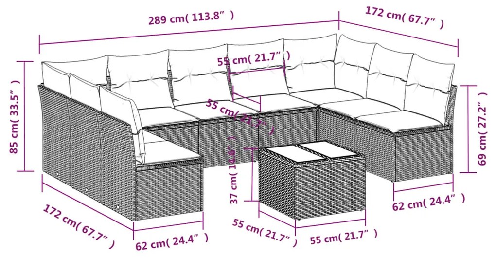 10 részes szürke polyrattan kerti ülőgarnitúra párnákkal