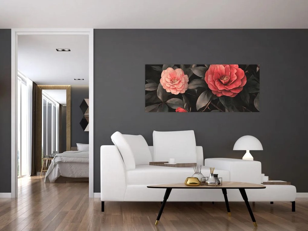 Kép - Vörös virágok sötét háttér előtt (120x50 cm)