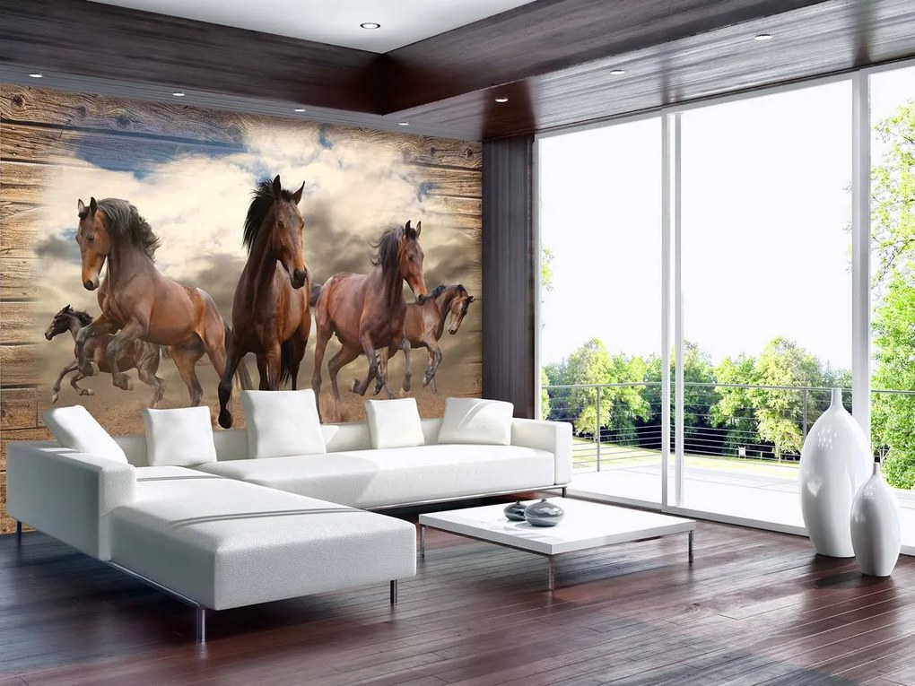 Fotótapéta - Vágtató ló fa táblákon (152,5x104 cm)