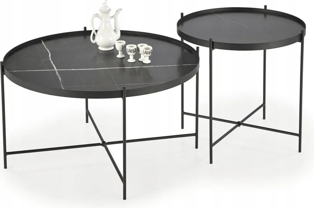 Dohányzóasztal kerek szett 2 pad fekete márvány nappali Julieta