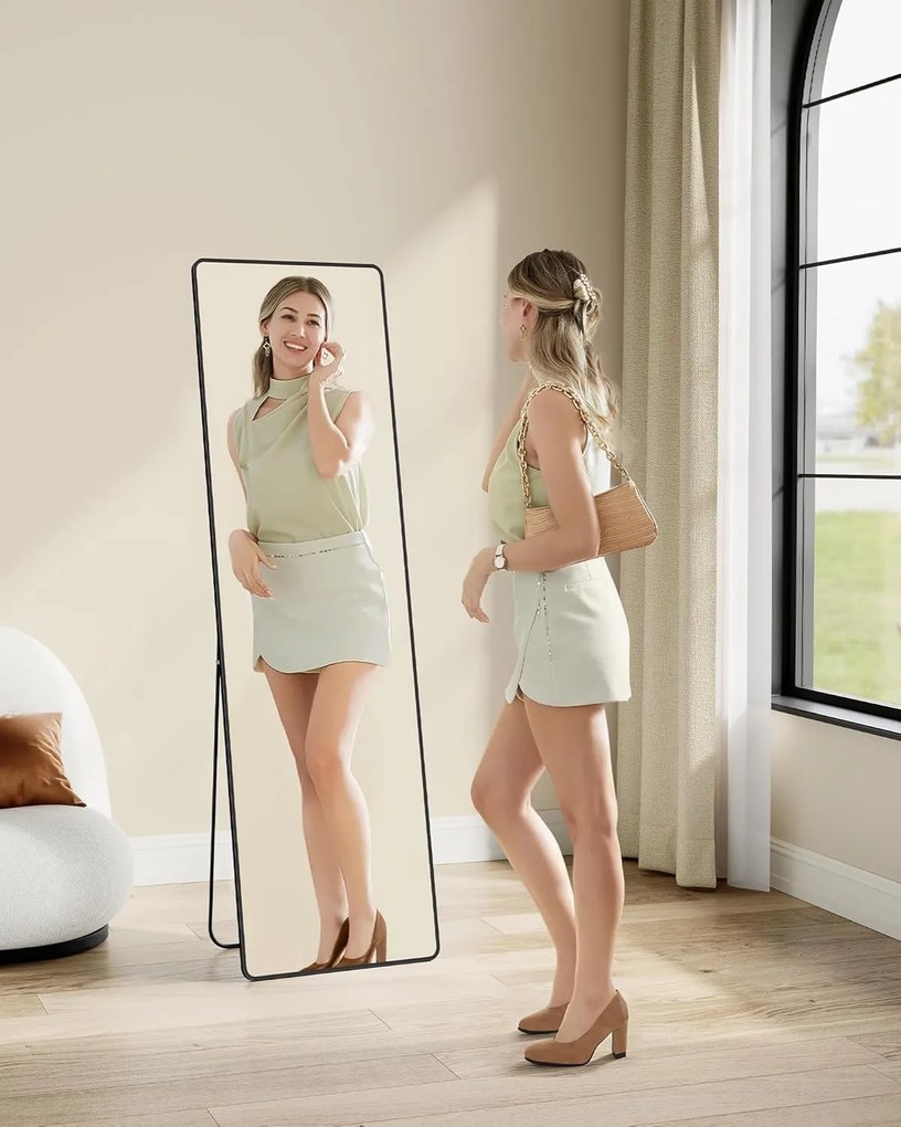 Álló tükör, teljes alakos tükör, 50 x 160 cm, alumíniumötvözet váz, edzett üveg, fekete