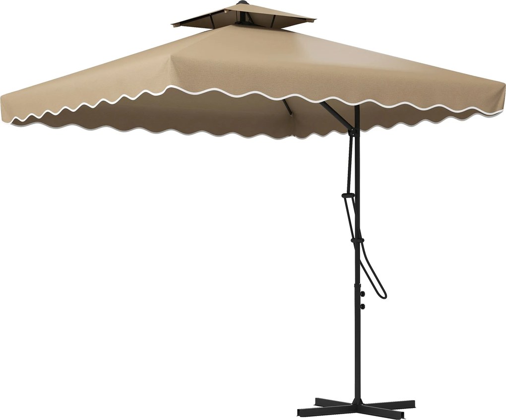 Outsunny Kültéri Terasz Napernyő 2,5m Kihúzható Napernyő Két Rétegű, Hullámos Szélű Keresztalapú Kerti Napernyő Kültéri Teraszra Khaki | Aosom