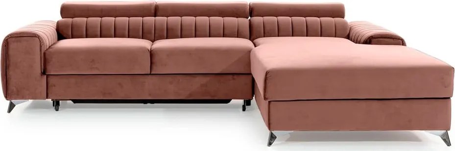 Rózsaszín bársony kinyitható-tárolóhelyes sarokkanapé (jobb oldali-heverő résszel) Grayson – ELTAP