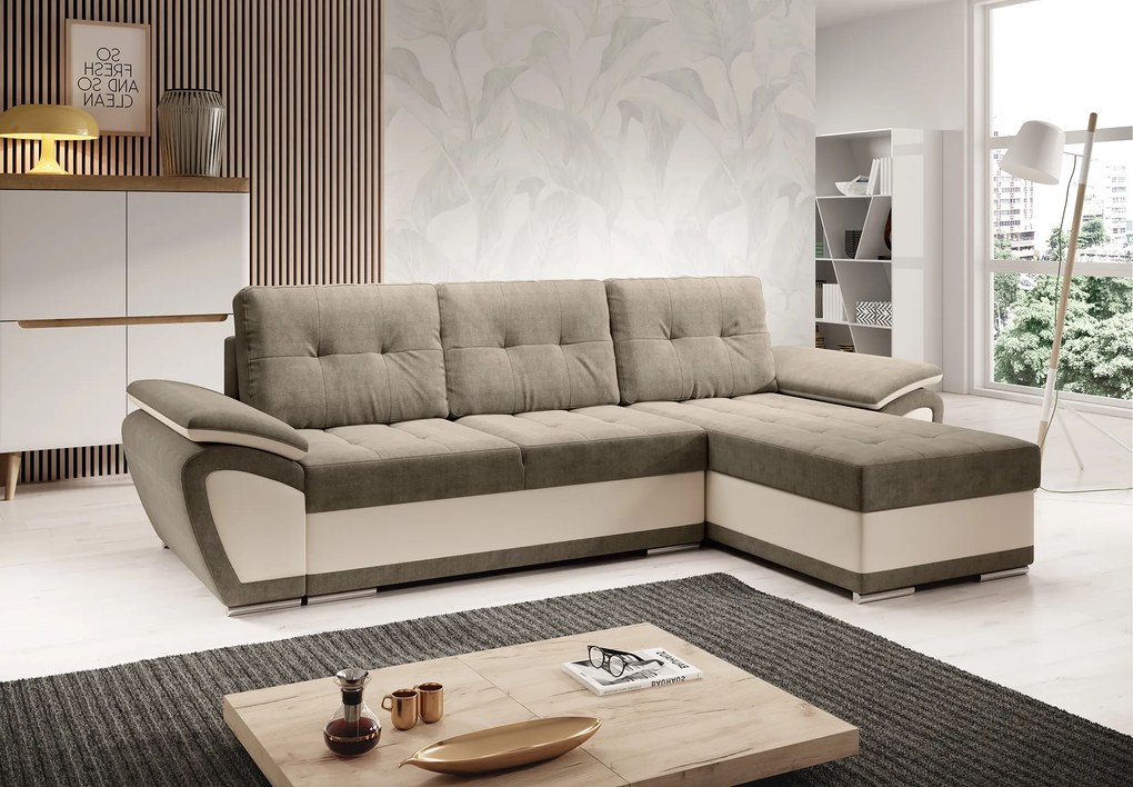 Kinyitható ülőgarnitúra, bézs/világosbarna, jobbos, ENIF ROH