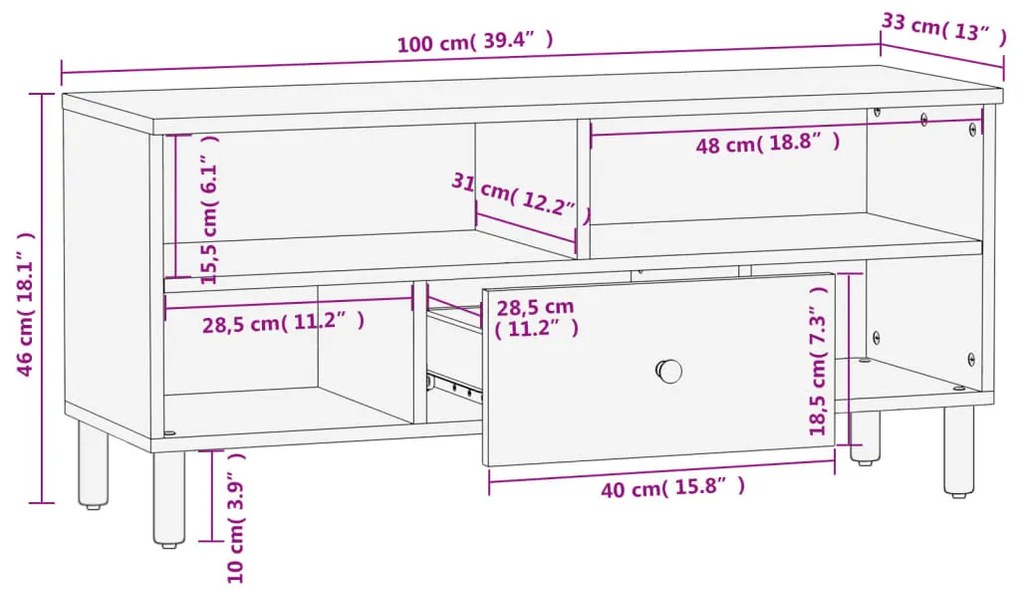 fekete tömör mangófa TV-szekrény 100 x 33 x 46 cm