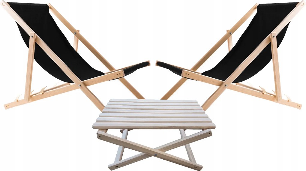 2 db-os strand napozóágy szett fekete fa és összecsukható dohányzóasztal