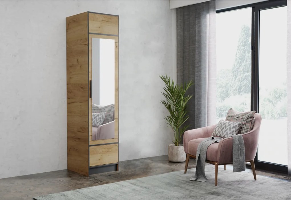 NORY ruhásszekrény, 53,2x205x39, arany tölgy kraft/fekete