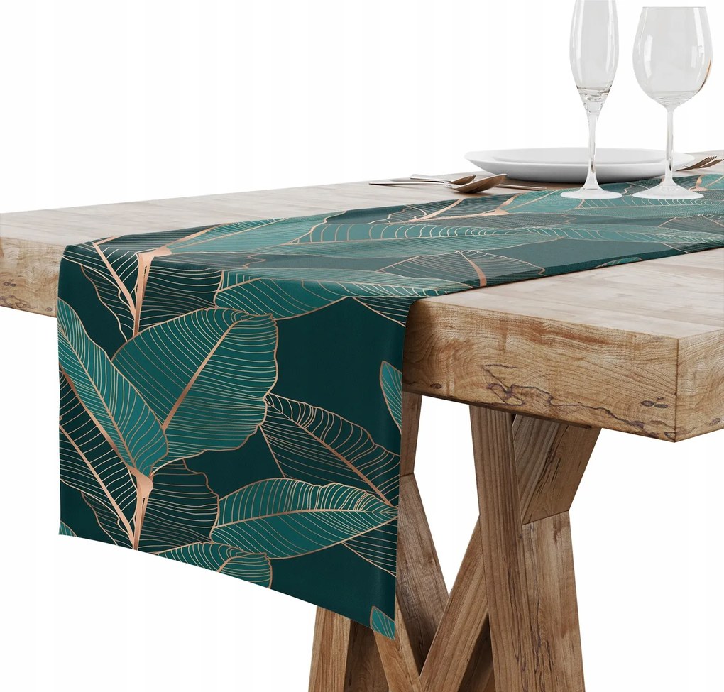 Futófelület Abrosz Asztalra Matt Sima 40x140 Arany Zöld Levelek 003