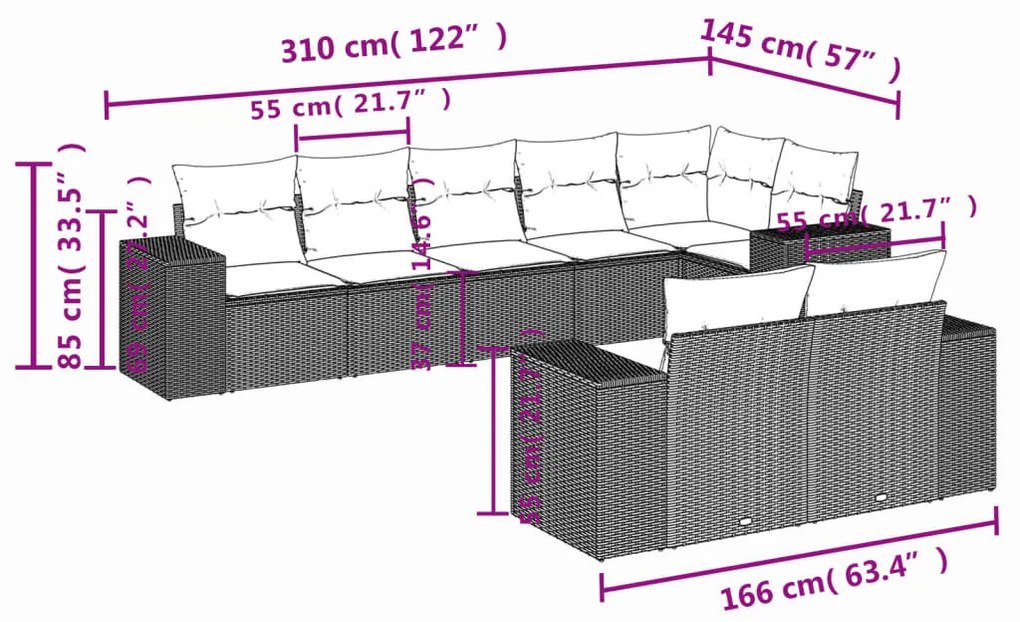 8 részes bézs polyrattan kerti ülőgarnitúra párnával