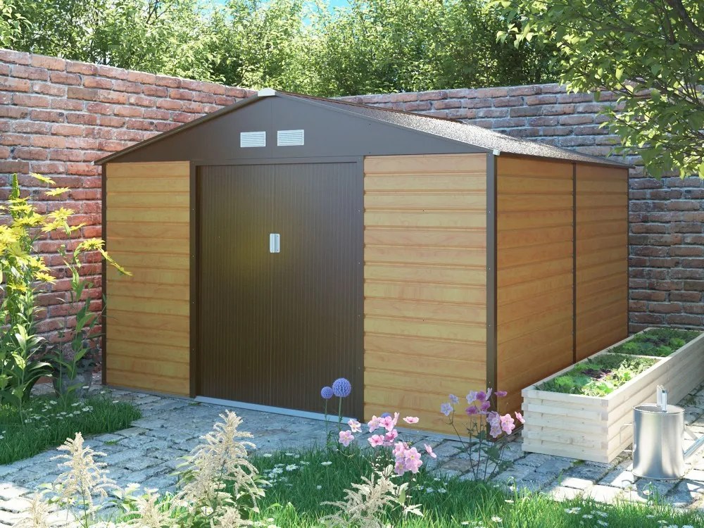 G21 GAH 1085 barna famintás fém kerti tároló ház, kb. 3,3 X 3,1 méter alapterület