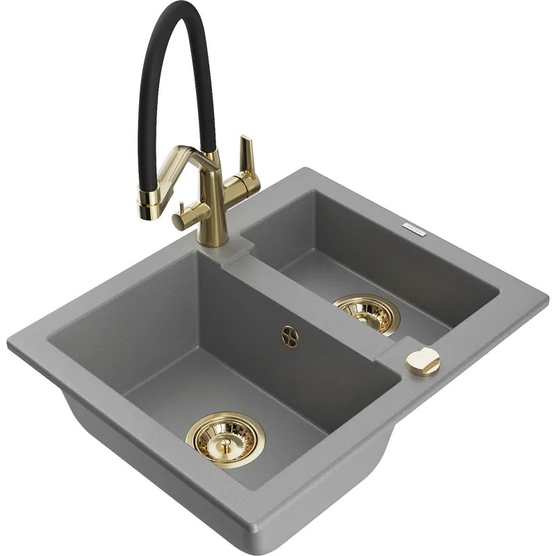 Mexen Carlos gránit 1,5 medencés mosogató Duo konyhai csapteleppel, szürke - 6518-71-671701-57-G