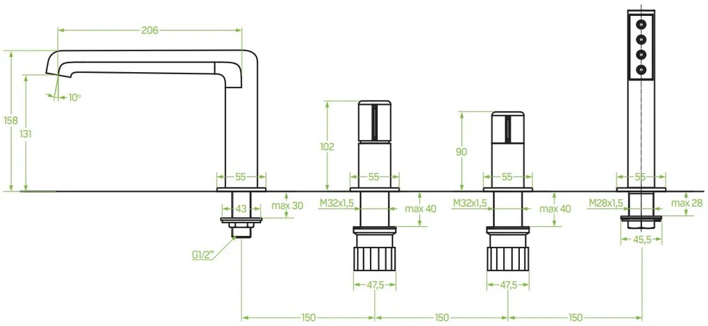 Laveo Pretto, 4 lyukú fürdőcsaptelep, fekete matt, LAV-BAO_714D