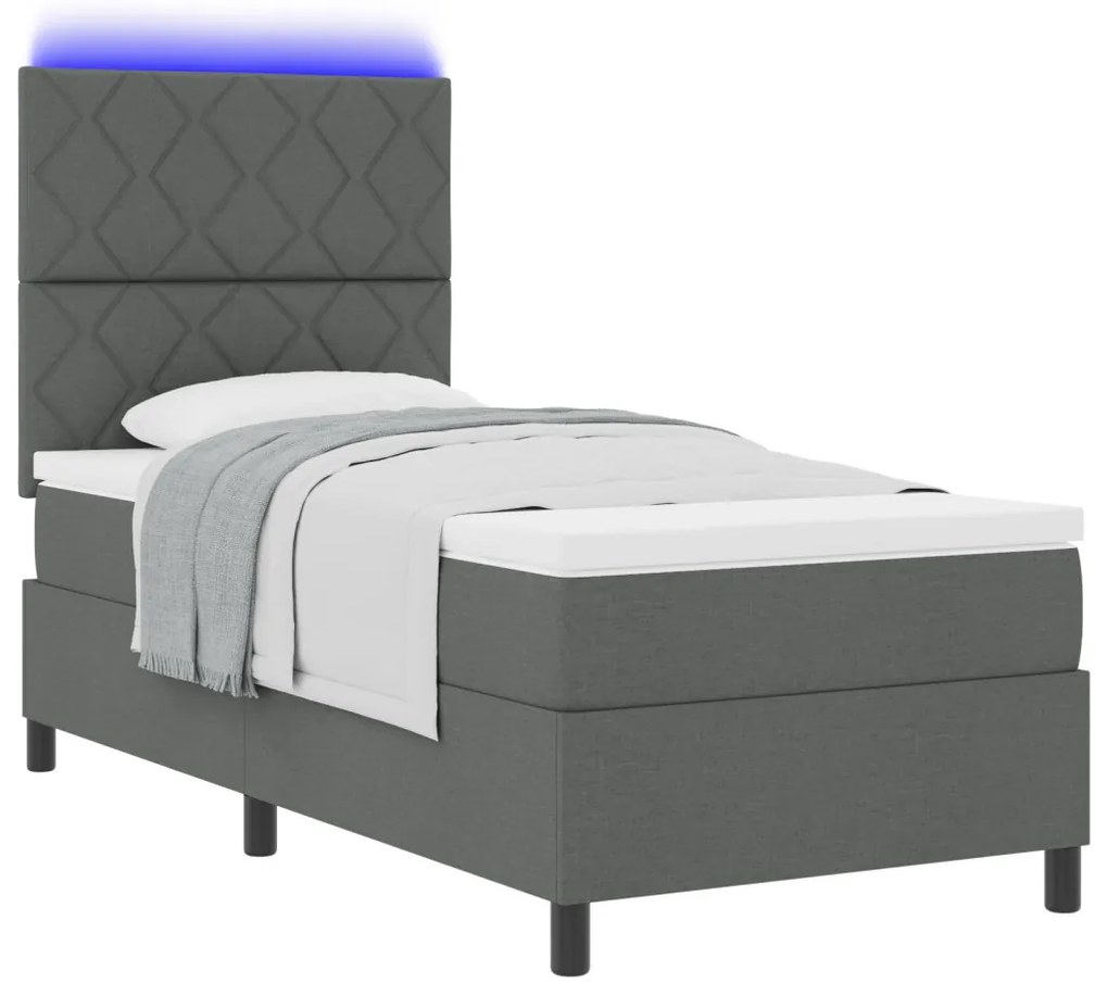 Rugós ágy matraccal és LED világítással, sötétszürke, 90 x 200 cm, szövet