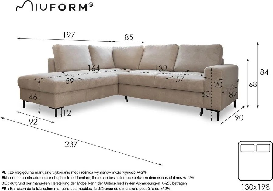 Sárga bársony kinyitható sarokkanapé (bal oldali) Lofty Lilly – Miuform