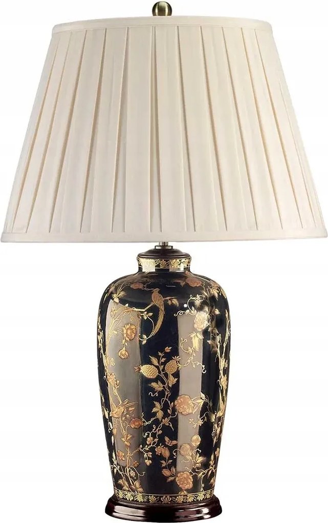 Porcelán asztali lámpa fekete arany virágokkal, krémszínű Elstead lámpaernyővel
