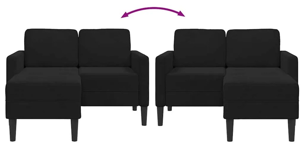 kétszemélyes, L-alakú, fekete bársony kanapé heverővel 125 cm