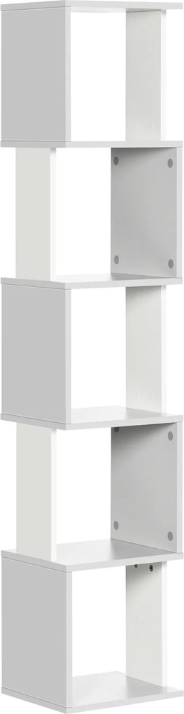 HOMCOM S-Alakú Könyvespolc 5 Nyitott Polccal Nappaliba, Otthoni Irodába és Tanulószobába - Forgásgátló 100 kg Teherbírás - 33x28x161 cm Fehér és Világ