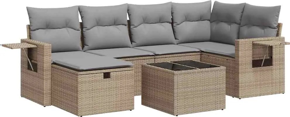 vidaXL 7 részes bézs polyrattan kerti ülőgarnitúra párnákkal