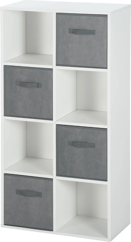 HOMCOM 8 rekeszes könyvespolc moduláris könyves szekrény 4 eltávolítható nem szőtt szövet fiókkal 61.5x30x121.6 cm Fehér és Szürke | Aosom