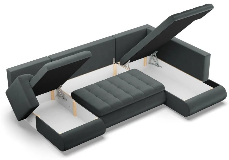 Tokio U sarokkanapé, 3 ágyneműtartóval, bársony, jobboldali, szürke