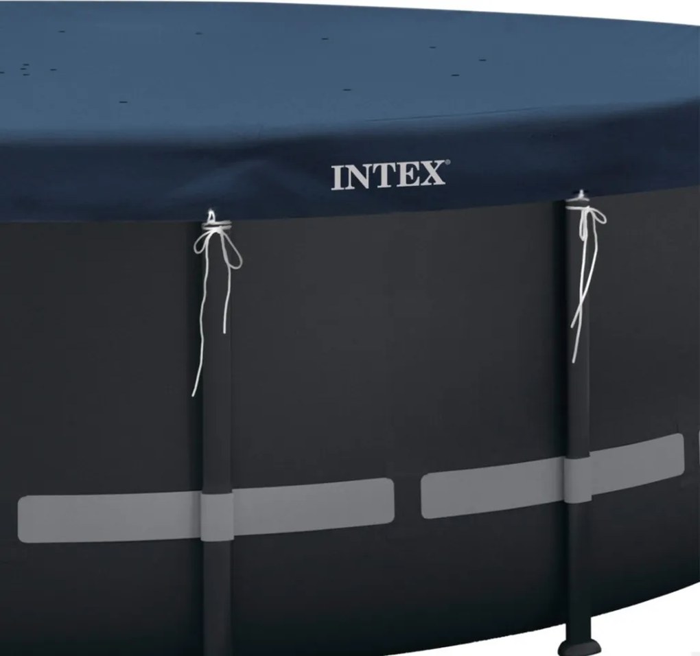 Kerek medencetakaró, Intex Deluxe négyévszakos, csővázas medencéhez, 732 cm átmérő, sötétkék, UV-álló háromrétegű anyag, 20 cm-es túlnyúlással, köteles rögzítéssel (28091)