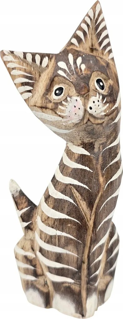 Fa Macska Faragott Kézzel Készített Festett Cica Figura Dekoráció *14 cm