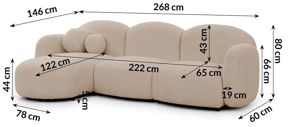 Világosbarna buklé sarokkanapé (bal oldali-heverő résszel) Orbit – Ropez