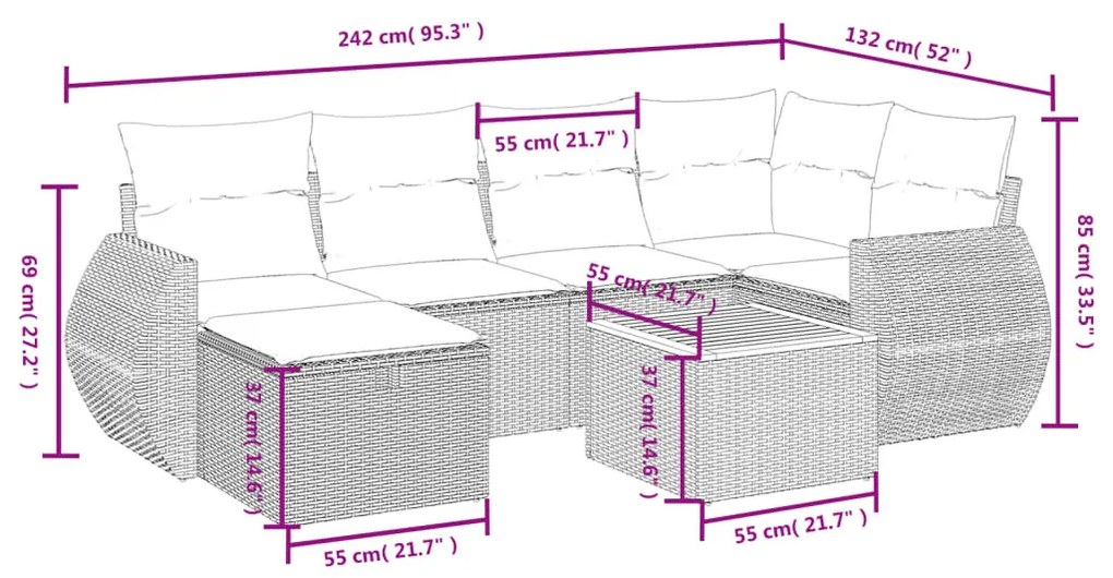 7 részes fekete polyrattan kerti ülőgarnitúra párnával