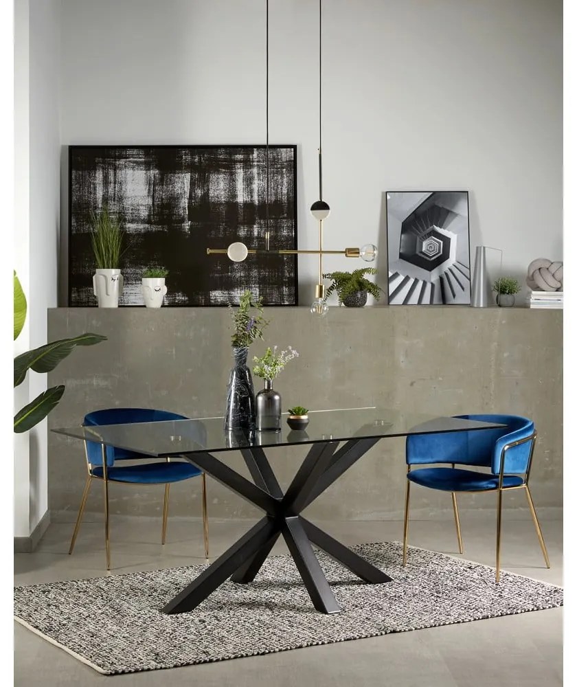 Étkezőasztal üveg asztallappal, fekete lábakkal - 160 x 90 cm - Kave Home