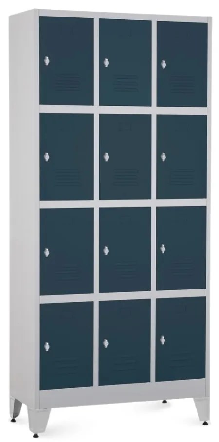 Fém szekrény - 12 doboz, 90 x 40 x 196,5 cm, helyreigazítással, lakathoz zár, antracit - ral 7016