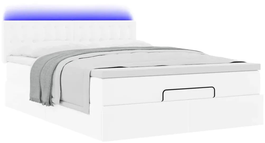 tiszta fehér műbőr ottomán ágy matracokkal & LED-ek 140x190cm