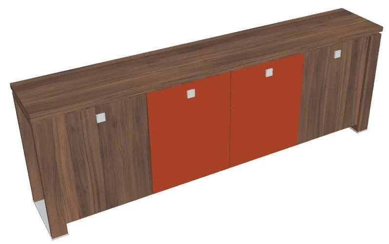 Verno+ S alacsony szekrény 260 x 46 x 90 cm, kombinált ajtó, dió / narancs
