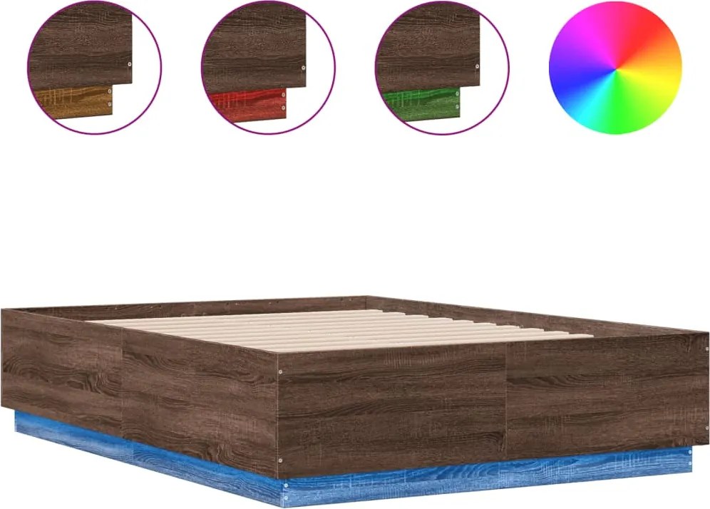 vidaXL barna tölgy színű szerelt fa ágykeret LED-del 140 x 190 cm