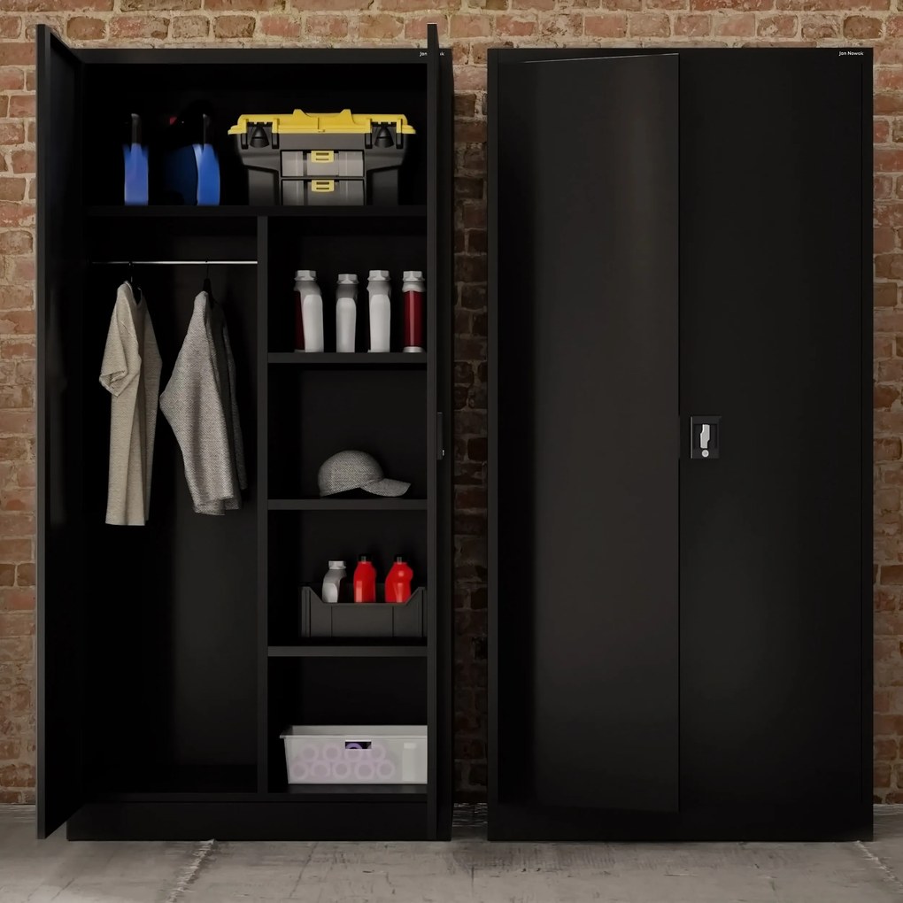 Fekete, rúddal ellátott, multifunkcionális fém szekrény, 900x1850x450 mm: DAWID All Black