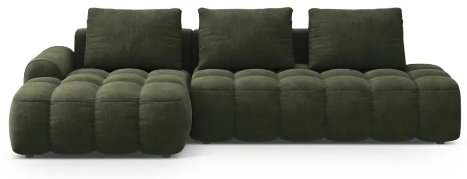 Zöld bársony kinyitható-tárolóhelyes sarokkanapé (bal oldali-heverő résszel) Linz – Cosmopolitan Design