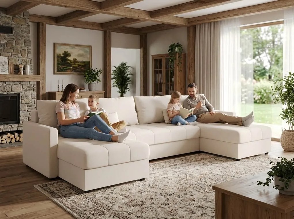 VENORIA U alakú kihúzható ülőgarnitúra, 285x146 cm, krémszínű + 2 párna INGYEN