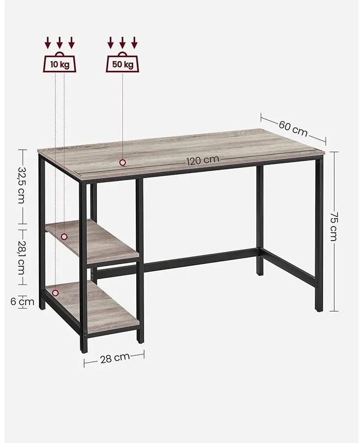 Íróasztal 120x60 cm, számítógépes asztal 2 polccal bal vagy jobb oldalon, greige