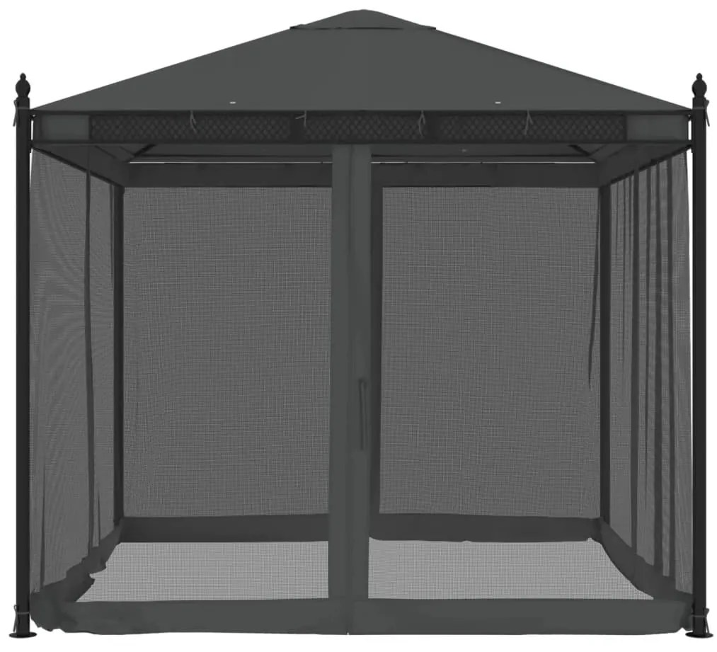 antracitszürke acél pavilon hálós oldalakkal 2,93 x 2,93 m